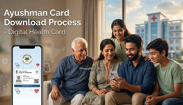 Family downloading Ayushman card online on smartphone