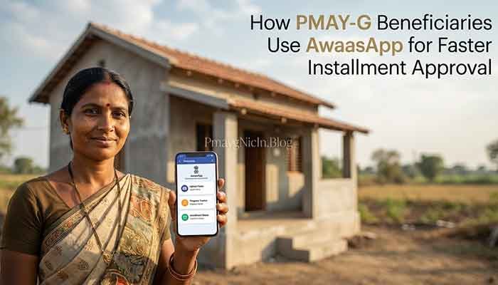 PMAY-G beneficiary using AwaasApp to upload house construction photos for installment tracking