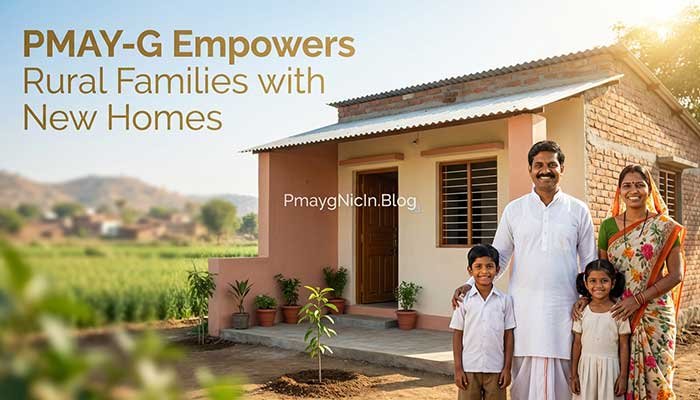 A happy family outside their new home built under the PMAY-G scheme, and PMAYG Status Check