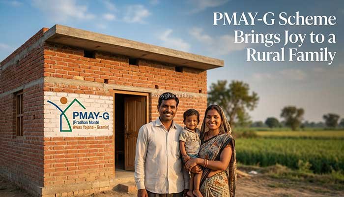 A family happy with their new home from the Pradhan Mantri Awas Yojana Gramin scheme