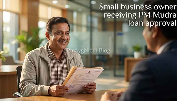 Small business owner receiving PM Mudra loan approval